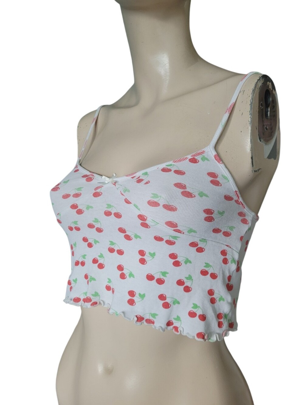 White Cherry Print Cropped Cami Top Y2K Coquette XS